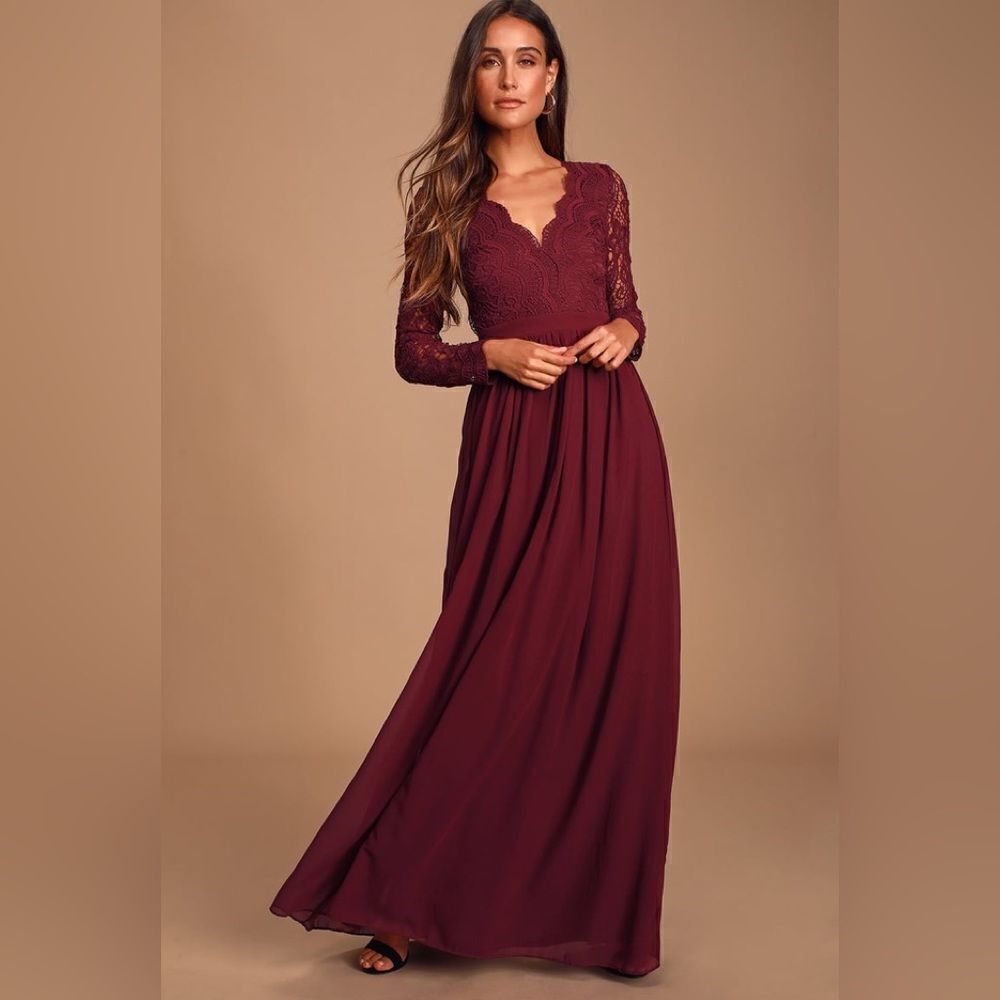Lulu’s Awaken My Love Burgundy Long Sleeve Lace Maxi Dress Size S NWT